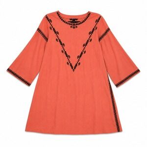 Nishat Linen Embroidered Tunic Dress‎ Coral Pink Boho Linen Blend Women 6